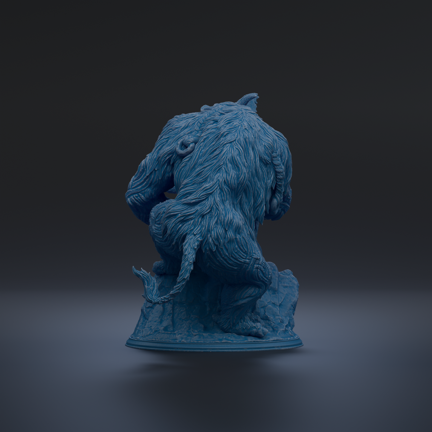 A 3D rendering of a blue, furry creature sitting on a rock against a dark background.