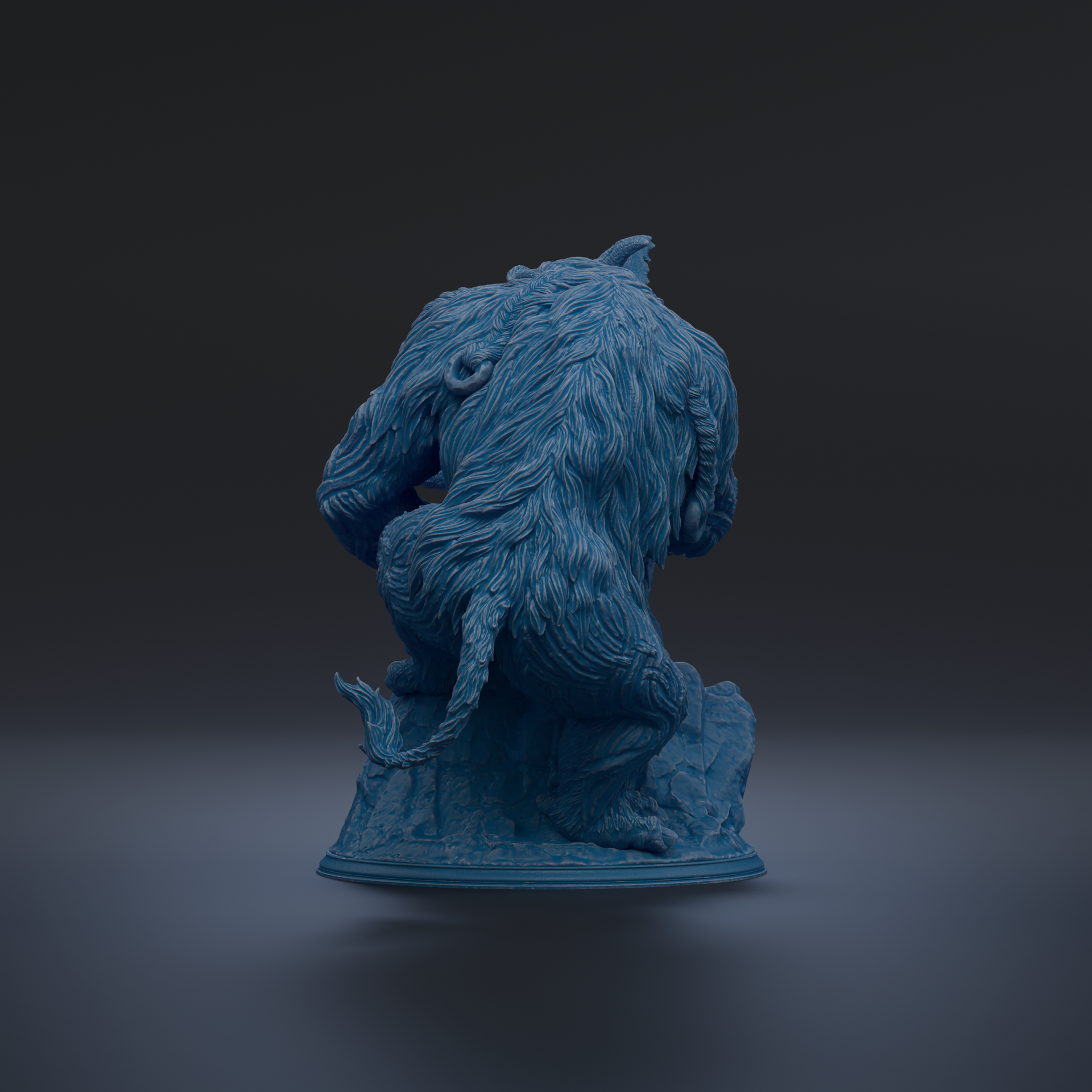 A 3D rendering of a blue, furry creature sitting on a rock against a dark background.