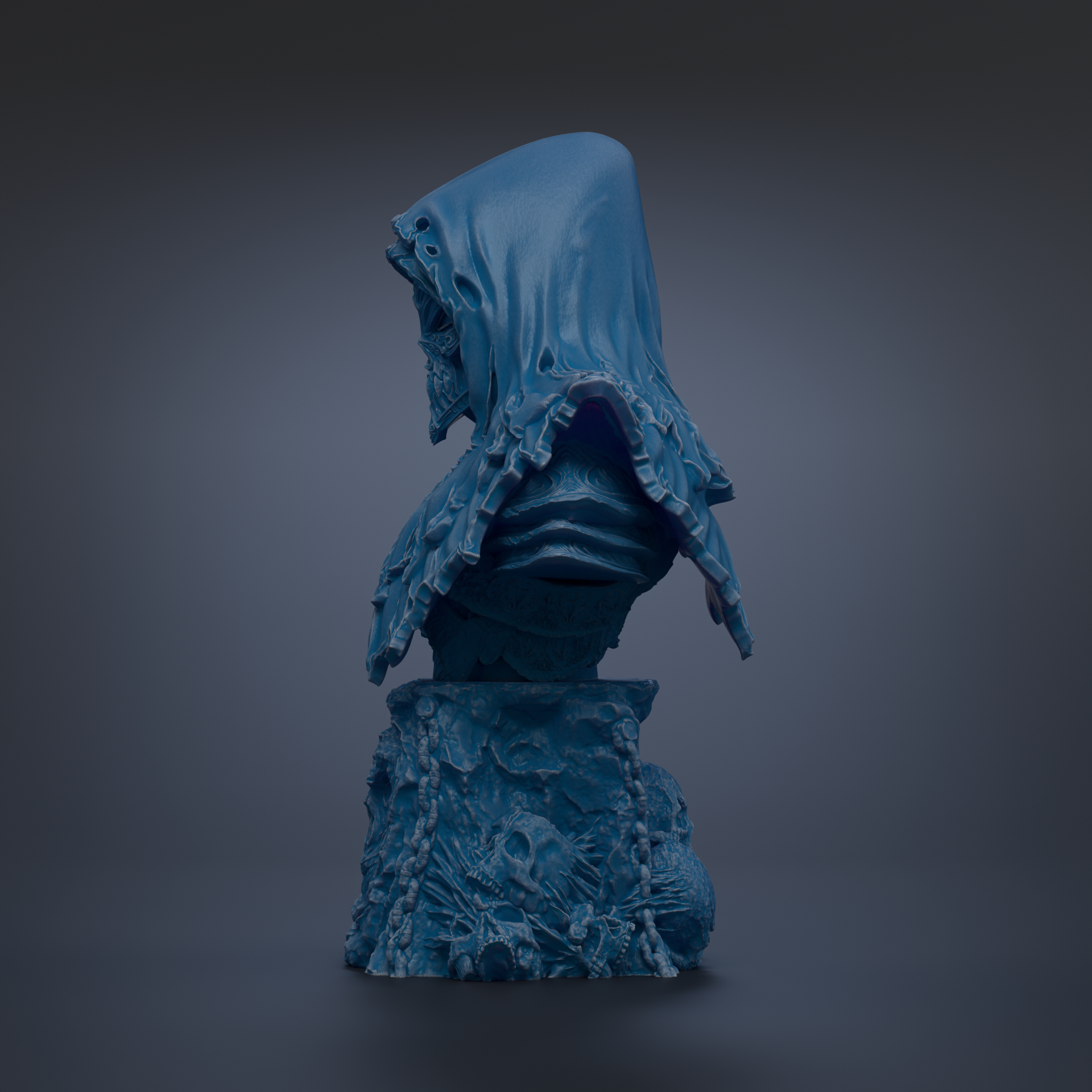A dark blue, hooded statue of a figure with a skull-like design on its back, set against a dark background.