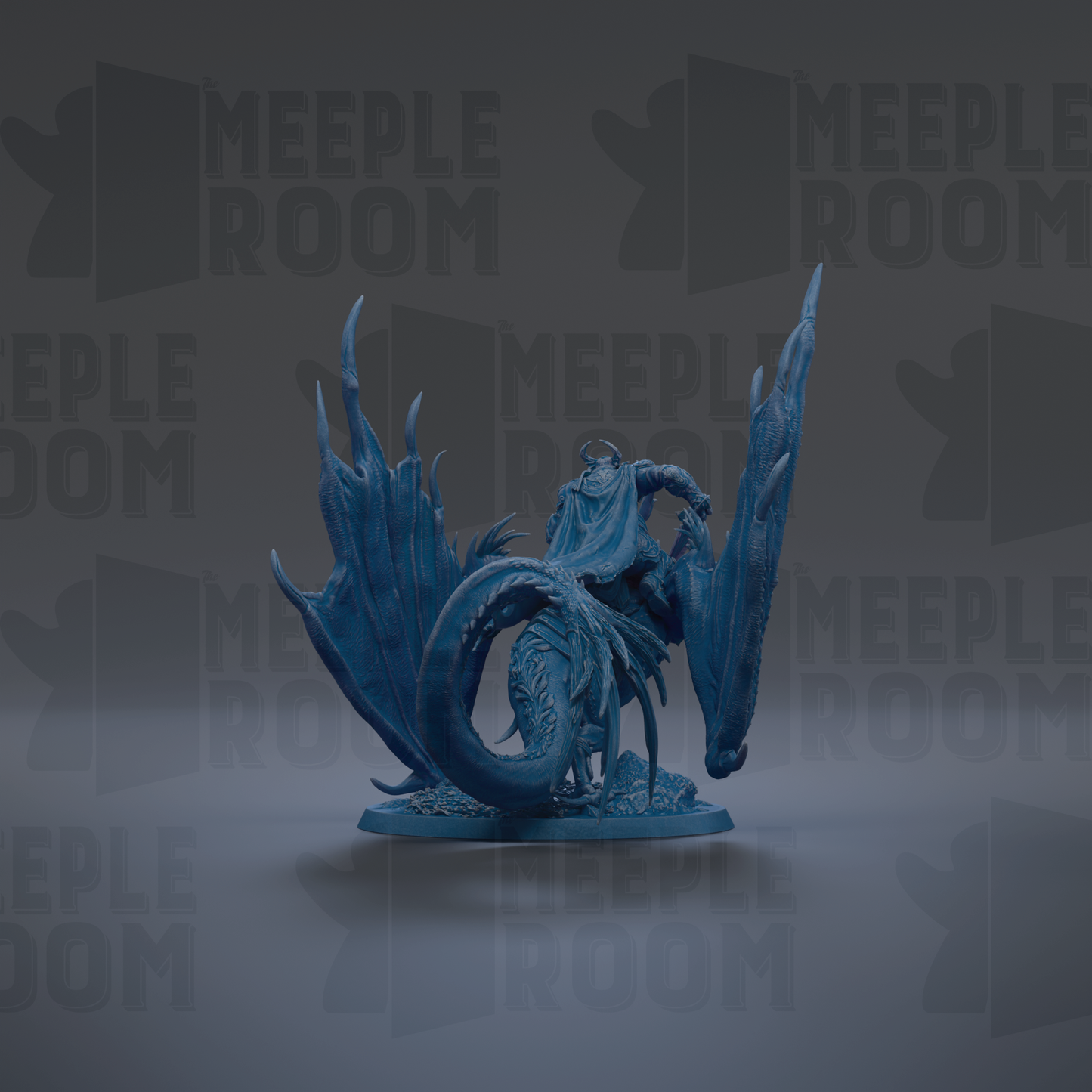A blue dragon figurine with a human-like face and wings is shown against a dark background with repeated "MEUPLE ROOM" text.