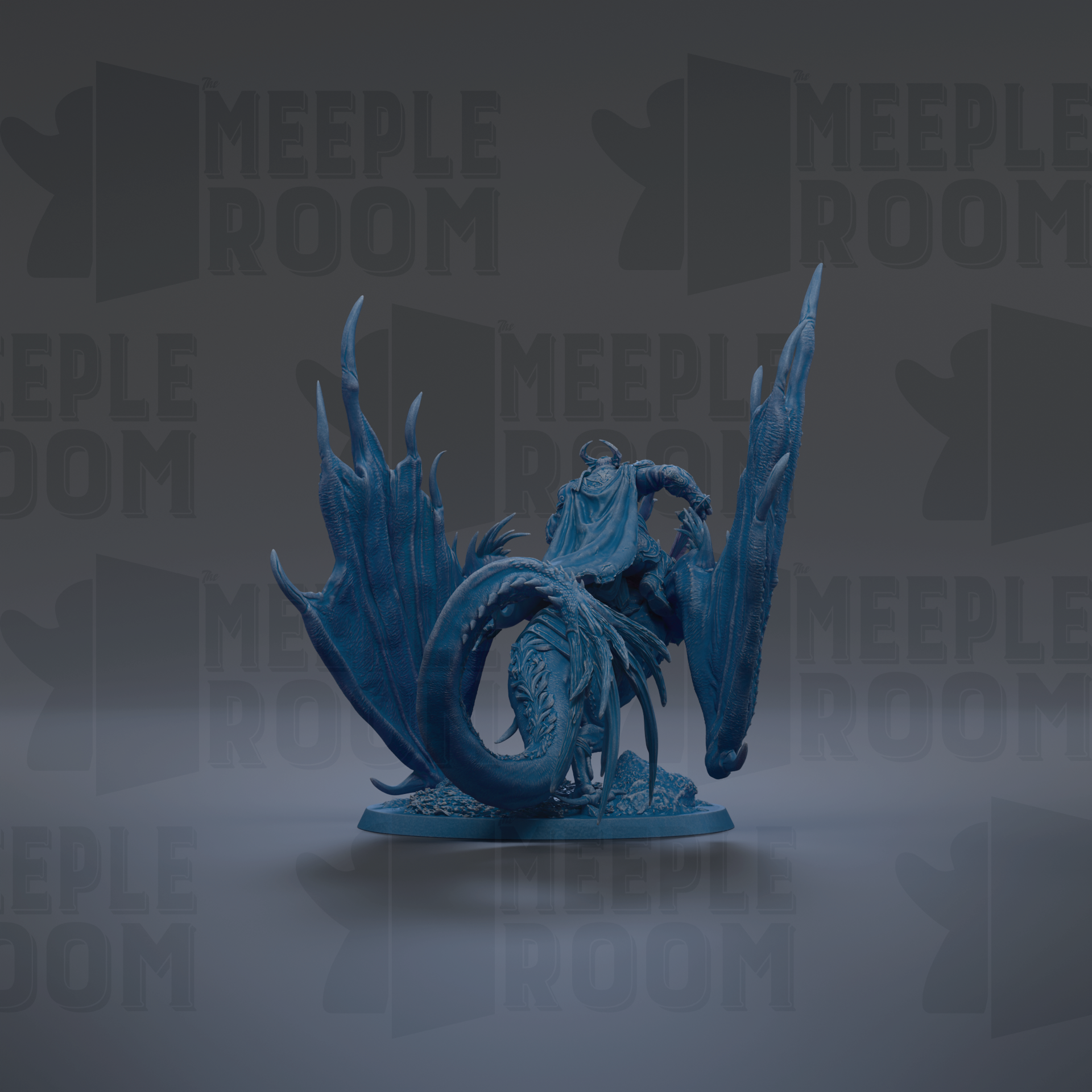 A blue dragon figurine with a human-like face and wings is shown against a dark background with repeated "MEUPLE ROOM" text.