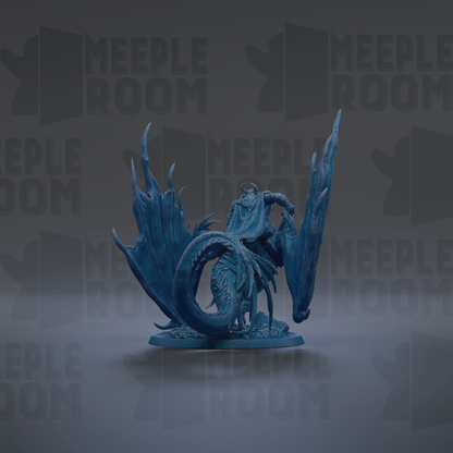 A blue dragon figurine with a human-like face and wings is shown against a dark background with repeated "MEUPLE ROOM" text.