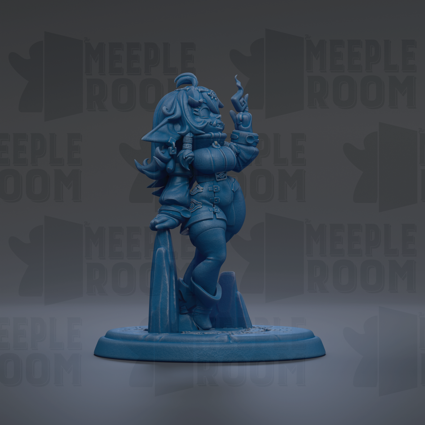 A blue figurine of a character with a unique hairstyle and attire, standing on a pedestal against a dark background with repeated text.