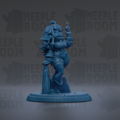 A blue figurine of a character with a unique hairstyle and attire, standing on a pedestal against a dark background with repeated text.