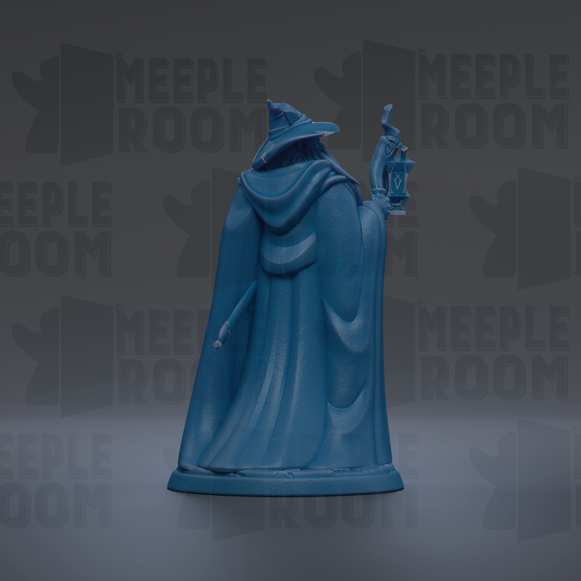 A blue statue of a wizard or magical figure holding a lantern, standing against a dark background with repeated text.