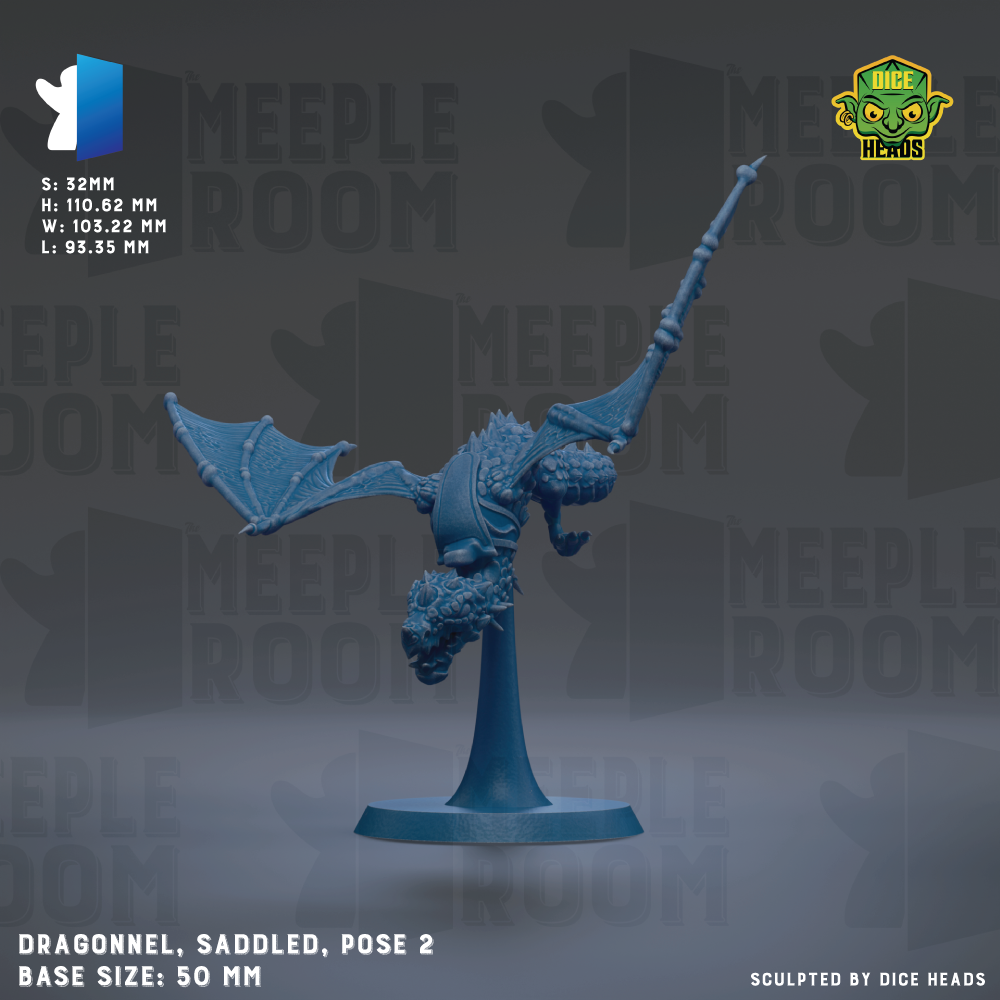 a blue dragon figurine with wings and a tail, posed on a stand. The dragon appears to be a saddleled figure, possibly from a fantasy or adventure game. The image is described as a "base size: 50mm" and is part of a larger collection of images related to the game.