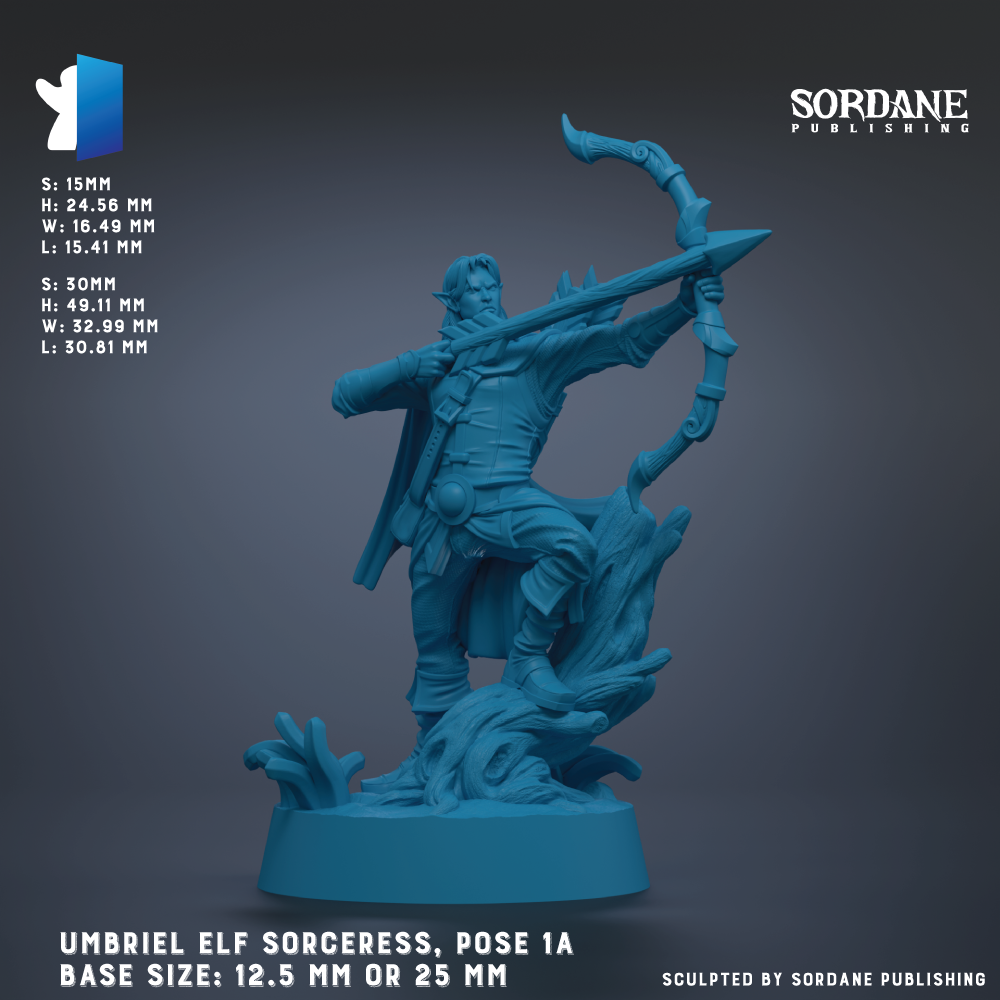 The image is a detailed 3D model of an umbrella elf witch, with a bow and arrow, standing on a base. The model is in a pose that suggests it is ready to fire a bow. The base size of the model is 12.5 mm or 25 mm, depending on the perspective. The image is a sculpture of the umbrella elf witch, and it is published by Sordane Publishing.