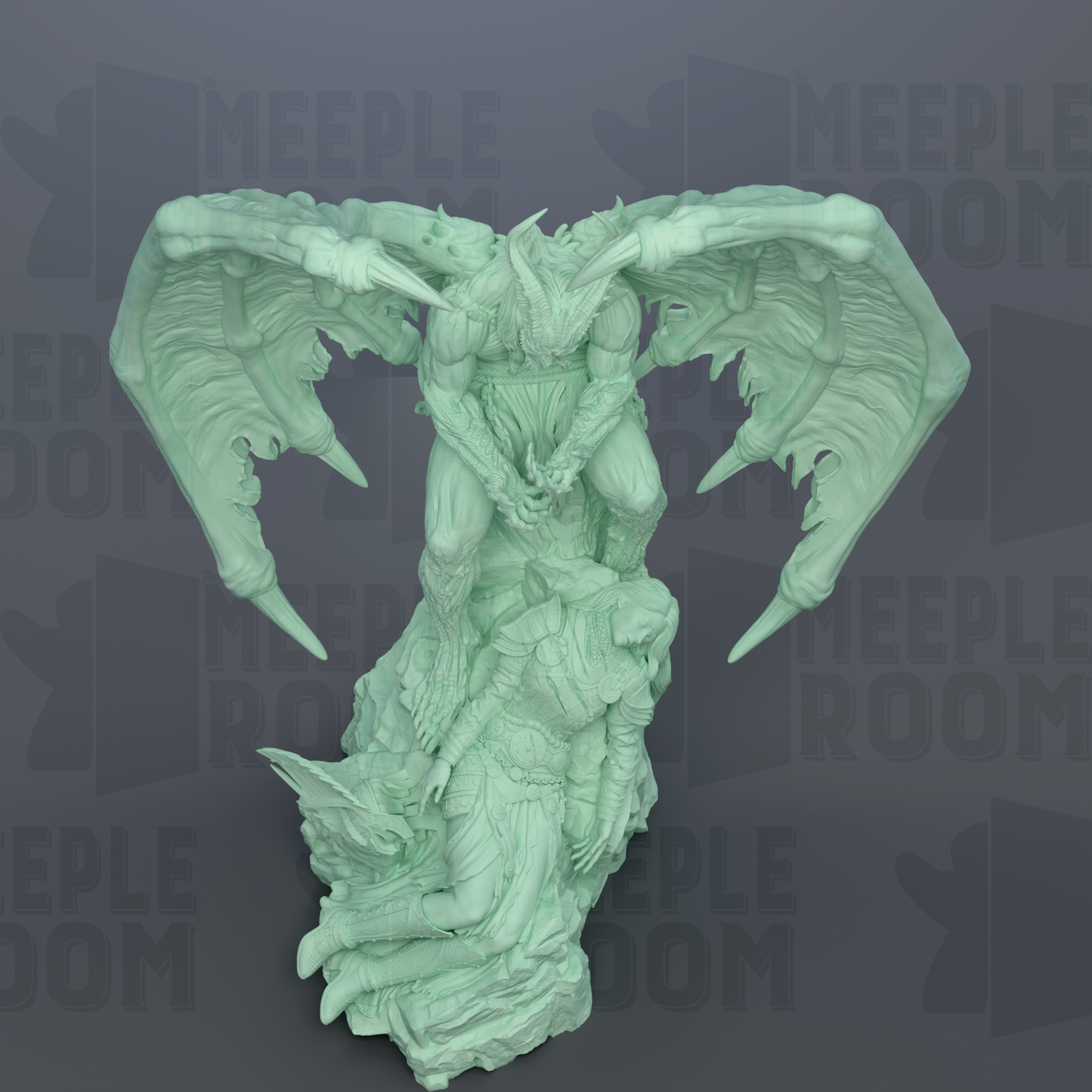 A 3D rendering of a fantastical creature with wings and a fierce expression, standing on a rock formation.