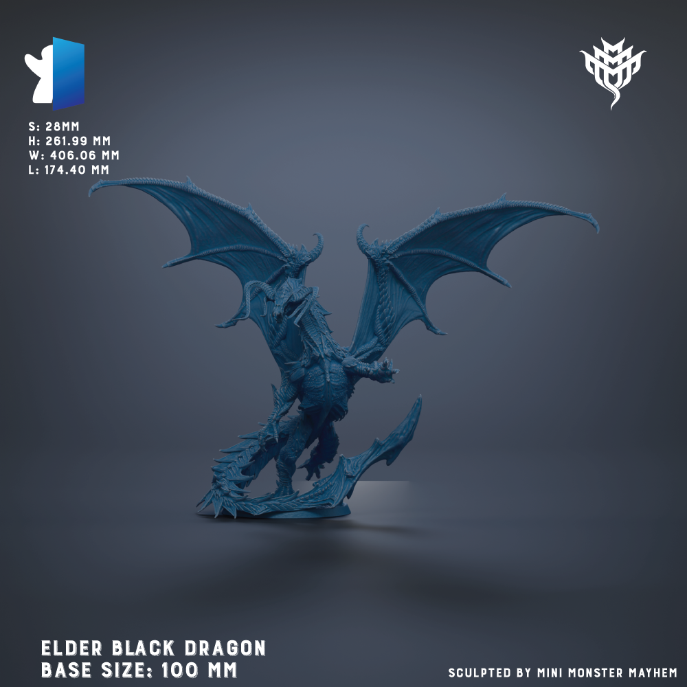The image is a 3D model of a large, blue-colored dragon statue with wings spread wide. The dragon appears to be a black dragon, and it is depicted in a dynamic pose, possibly in the act of attacking or fighting. The image is described as a "base size" of 100 millimeters, suggesting that it is a smaller scale model of the actual dragon. The image is a 3D rendering of a dragon, and it is not a photograph or a painting.