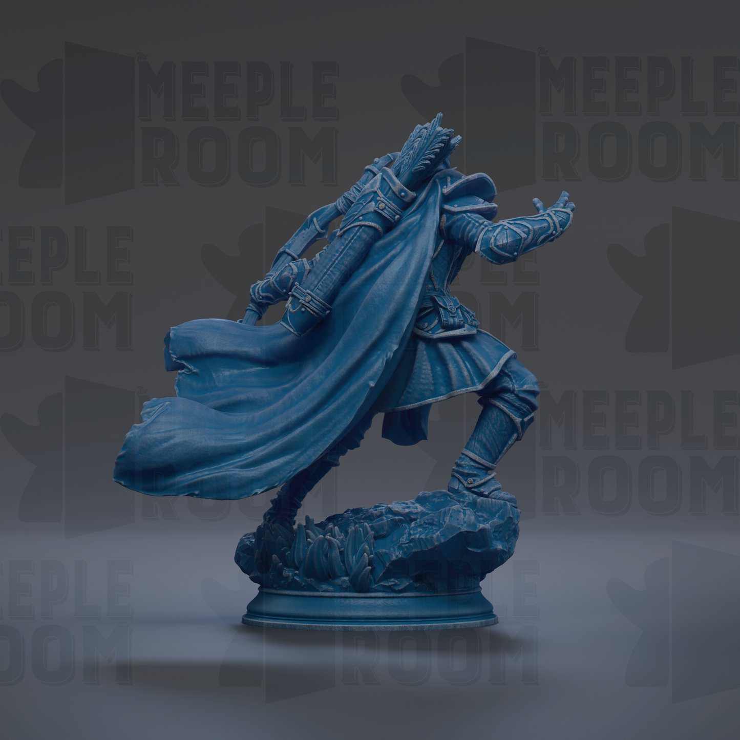 A blue statue of a figure with a flowing cape and a sword, standing on a rock formation against a dark background with repeated text.