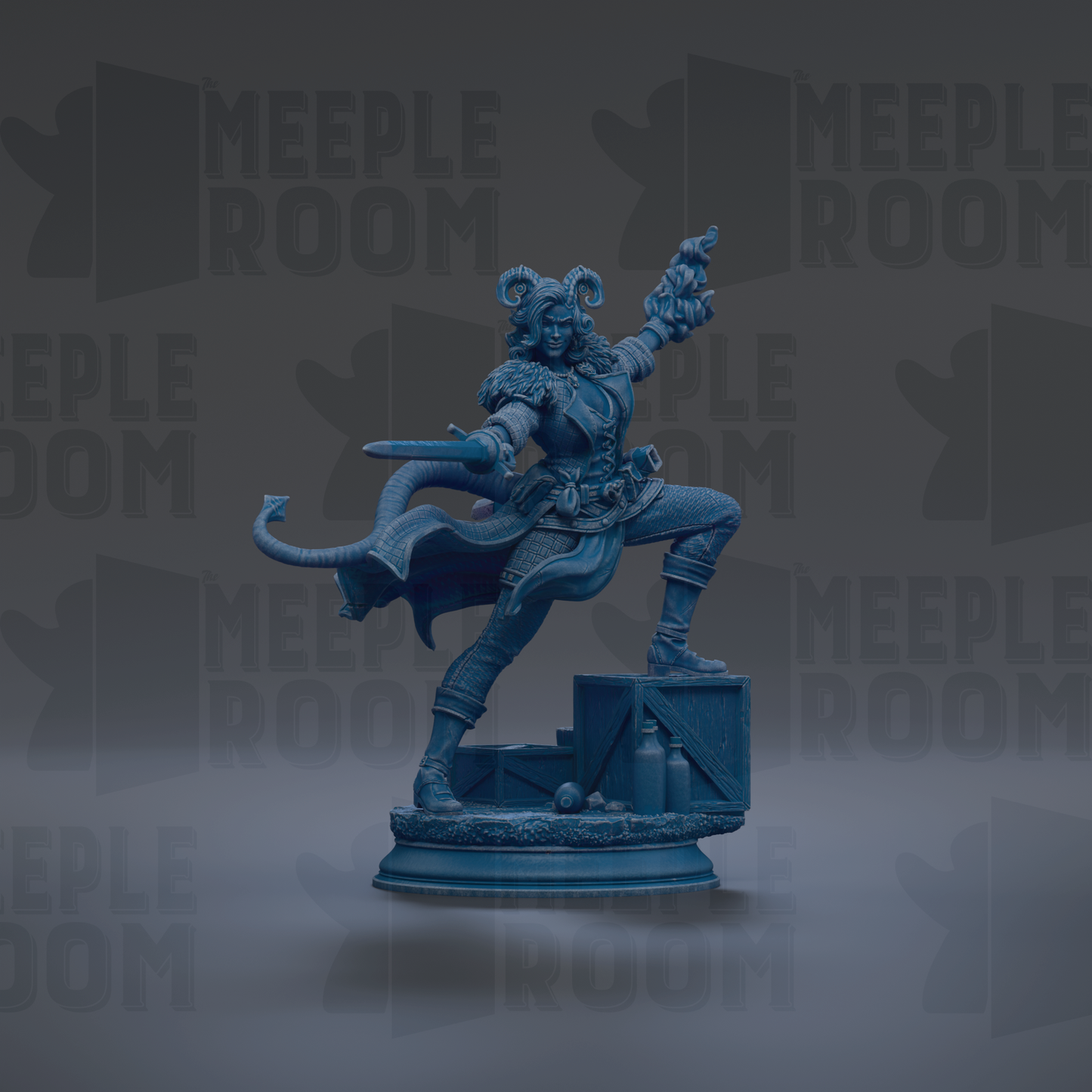 A blue statue of a person with horns and a flowing robe, holding a weapon and standing on a pedestal.