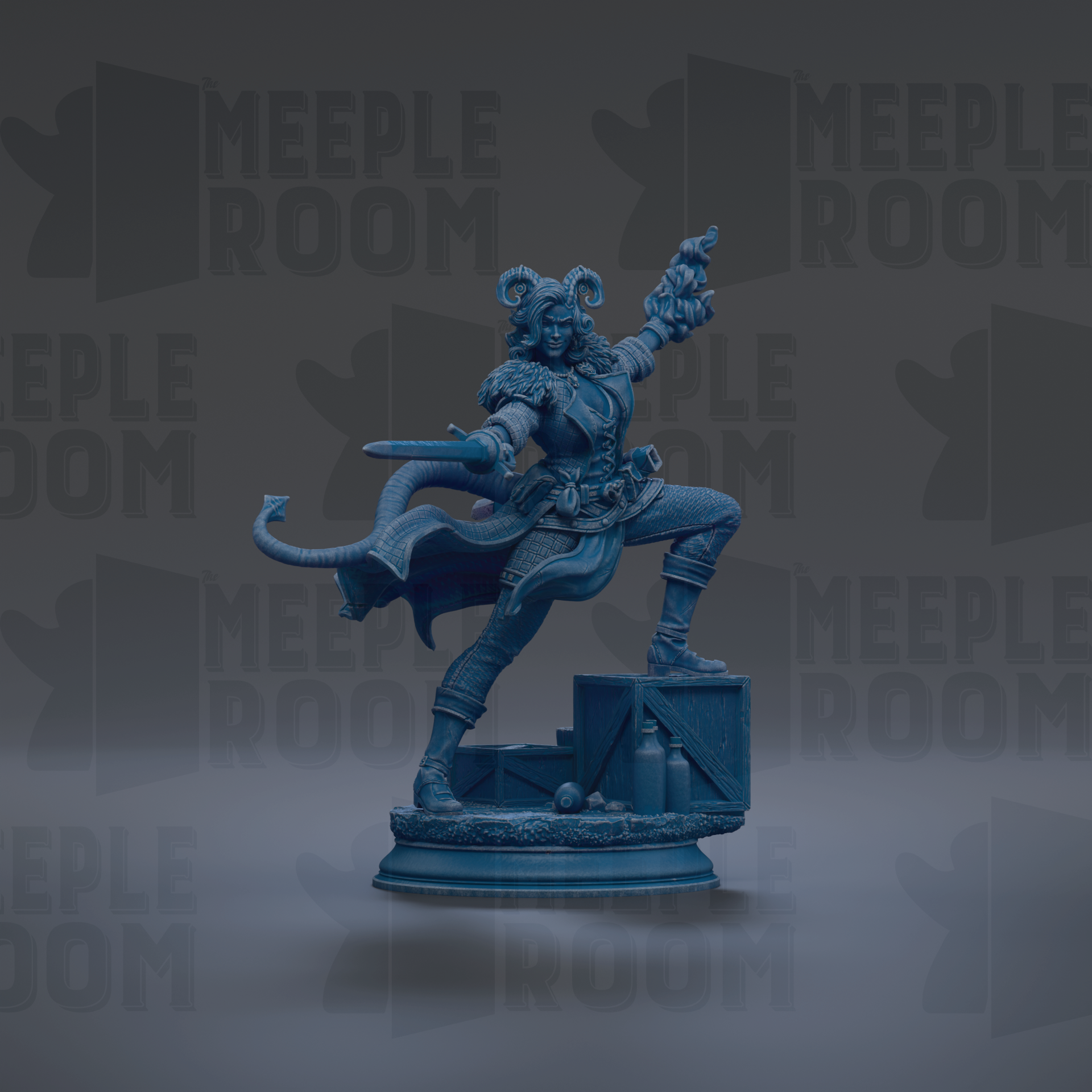 A blue statue of a person with horns and a flowing robe, holding a weapon and standing on a pedestal.