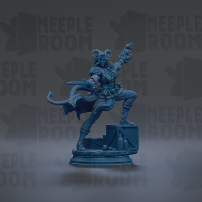 A blue statue of a person with horns and a flowing robe, holding a weapon and standing on a pedestal.