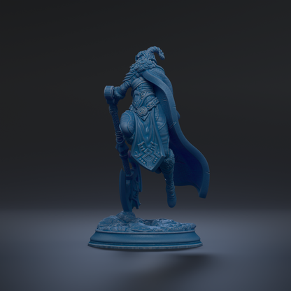A 3D rendering of a blue-colored figure, possibly a character or deity, standing on a pedestal against a dark background.