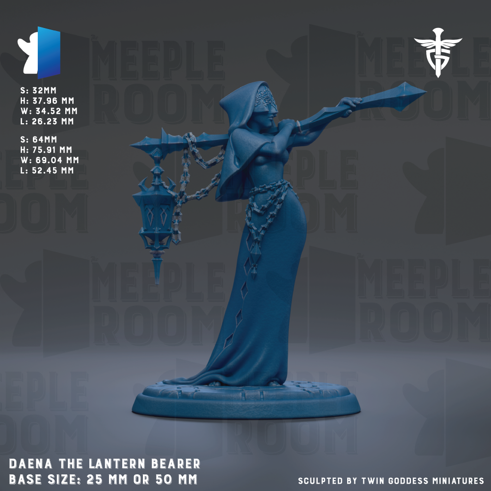 The image is a 3D rendering of a statue of a woman holding a lantern and a sword, with the text "MEIPLE ROOM" repeated throughout the image.