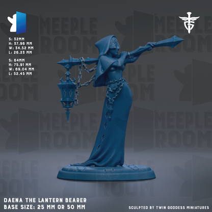 The image is a 3D rendering of a statue of a woman holding a lantern and a sword, with the text "MEIPLE ROOM" repeated throughout the image.