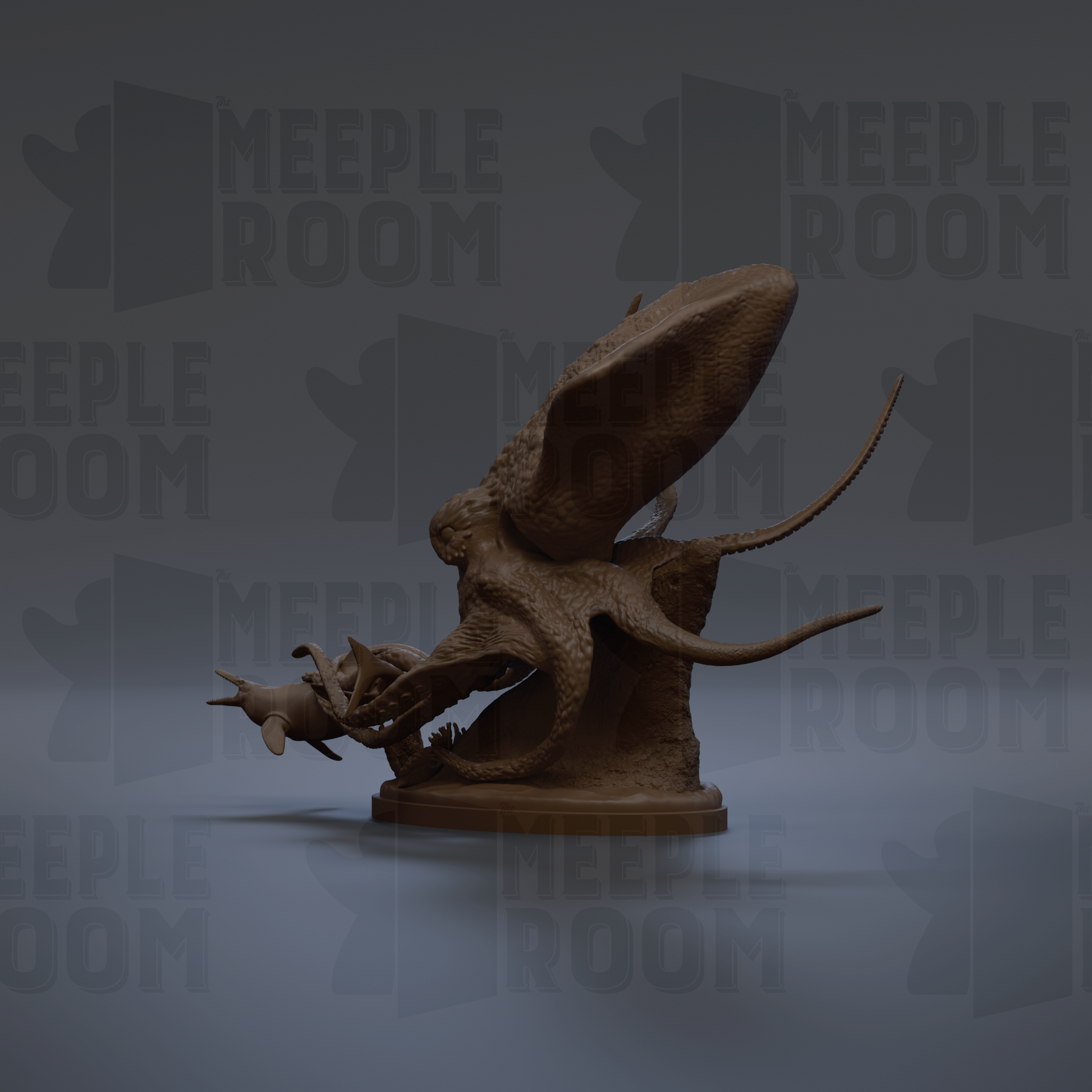 a sculpture of an octopus with its tentacles spread out, set against a dark background with repeated text.
