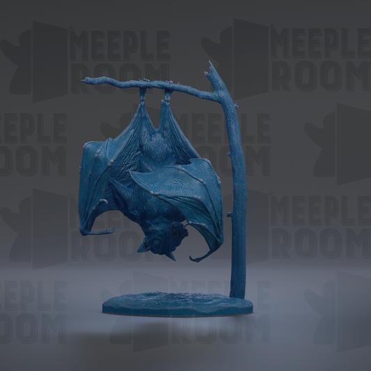 A blue bat sculpture is displayed on a branch, with the word "MEUPLE ROOM" repeated in the background.