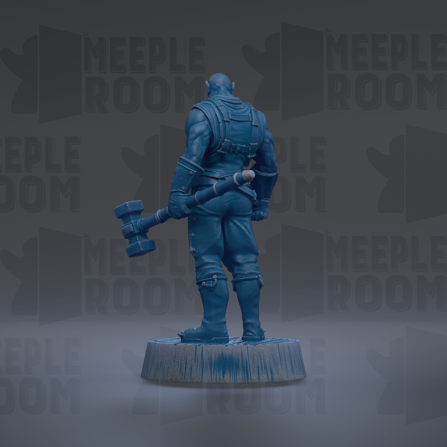 A blue statue of a muscular man holding a hammer, standing on a platform against a dark background with repeated text.