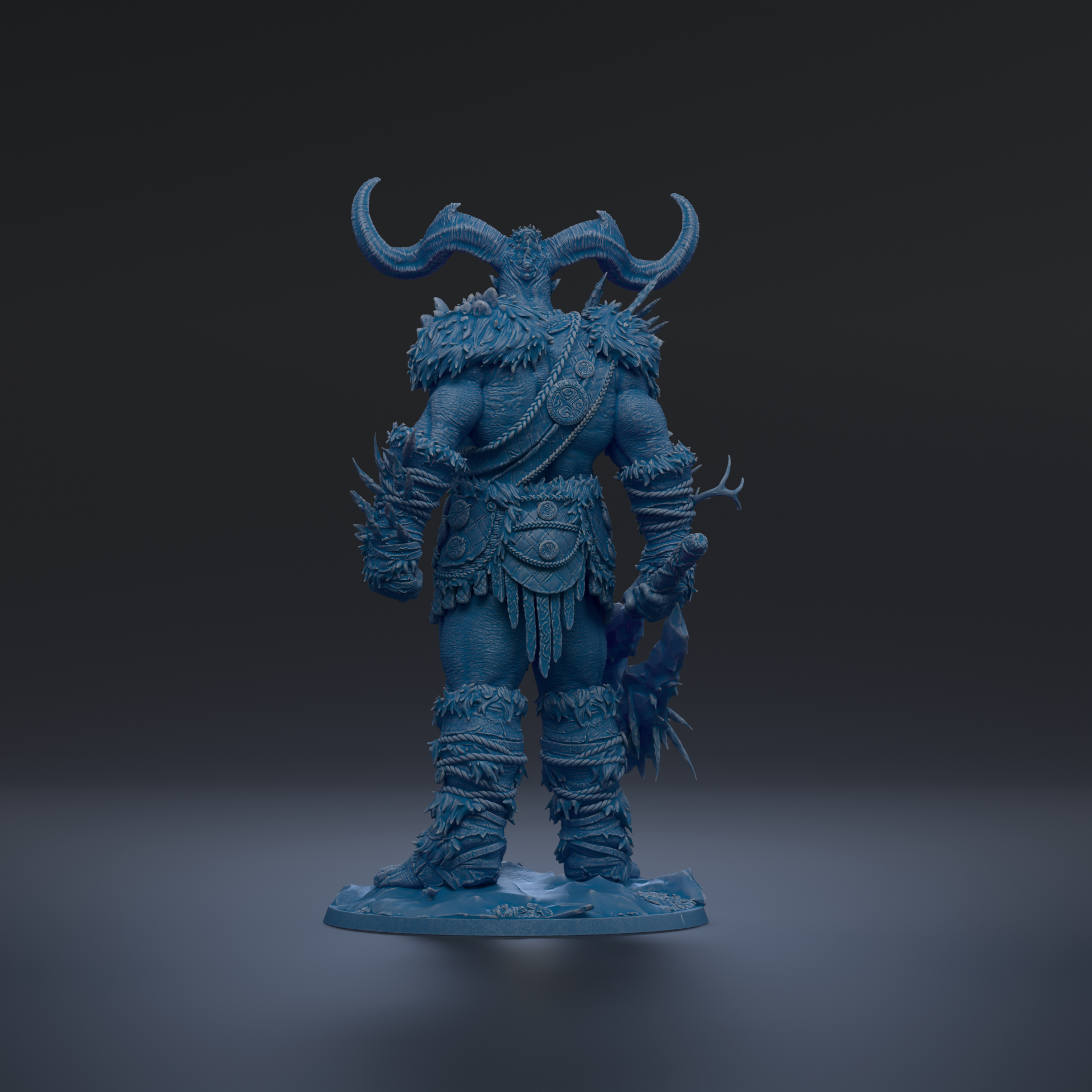 A blue, armored warrior figure with large horns stands in a dark environment.