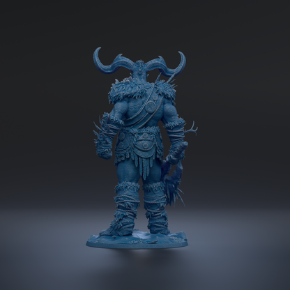 A blue, armored warrior figure with large horns stands in a dark environment.