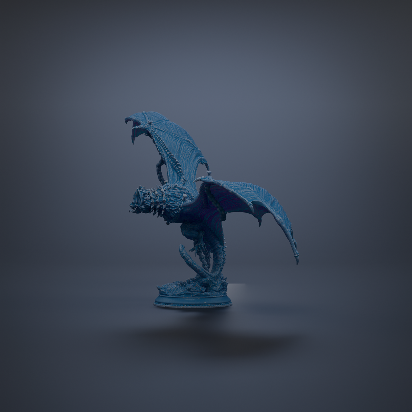 A blue dragon figurine with outstretched wings stands on a pedestal against a dark background.