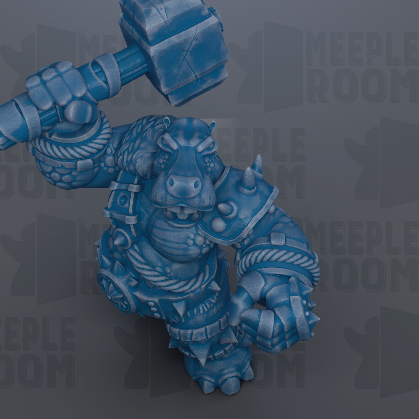 A blue, armored creature with spikes and a large hammer in its hand, standing against a dark background with repeated text.