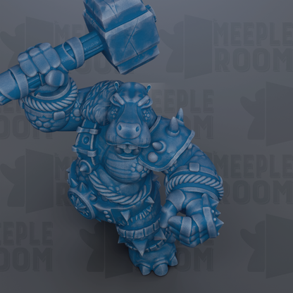 A blue, armored creature with spikes and a large hammer in its hand, standing against a dark background with repeated text.