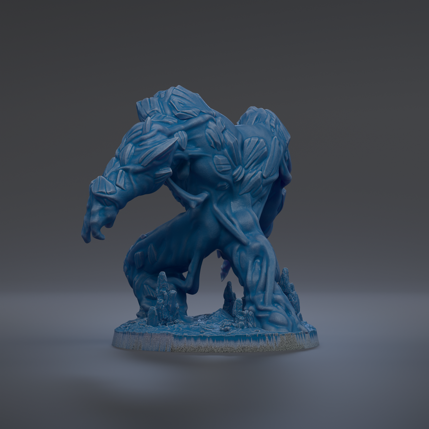 A 3D rendering of a blue, fantastical creature with intricate, organic-looking features, such as a large head, long neck, and a tail.