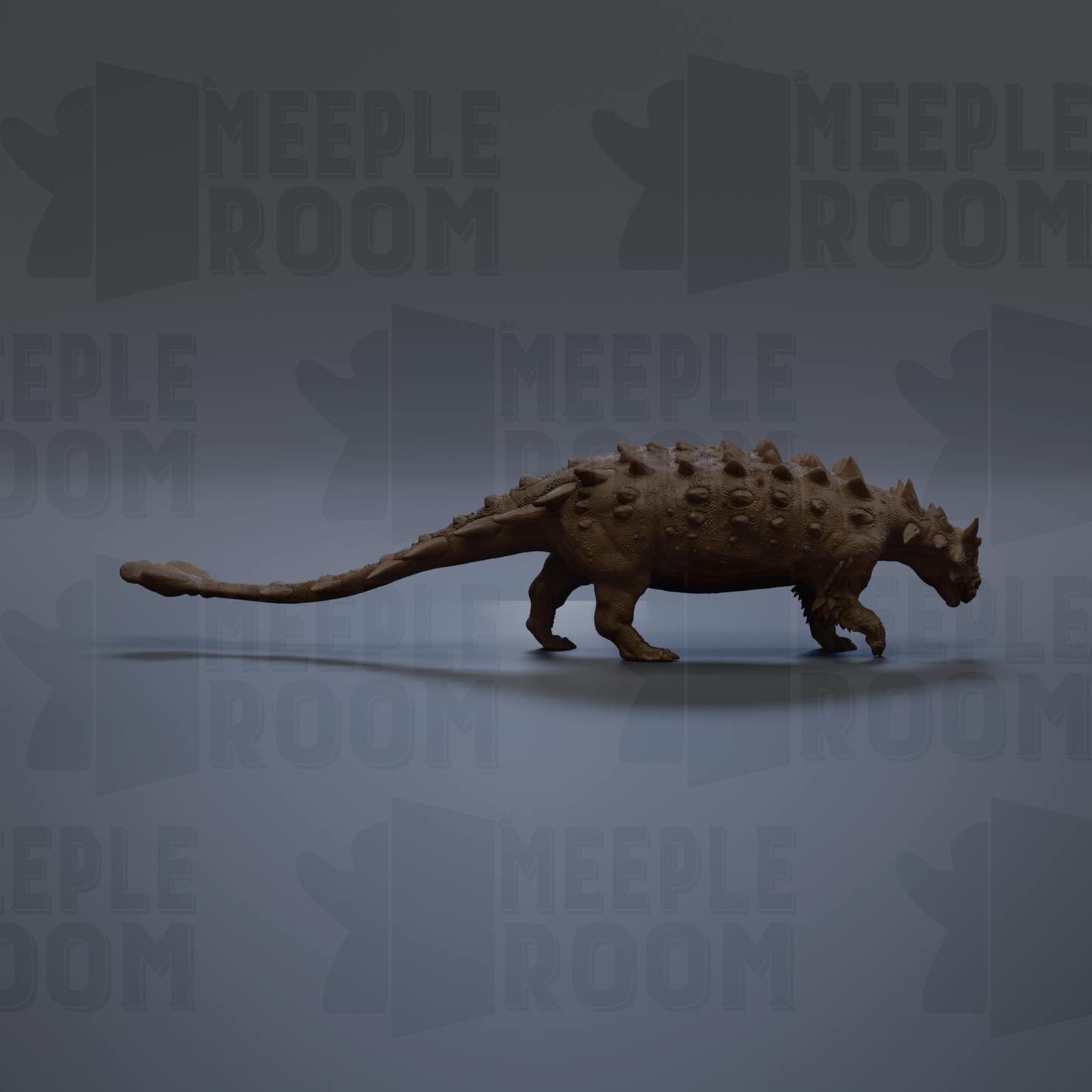 A 3D rendering of a dinosaur-like creature with a long tail and spiked body, set against a dark background with repeated text.