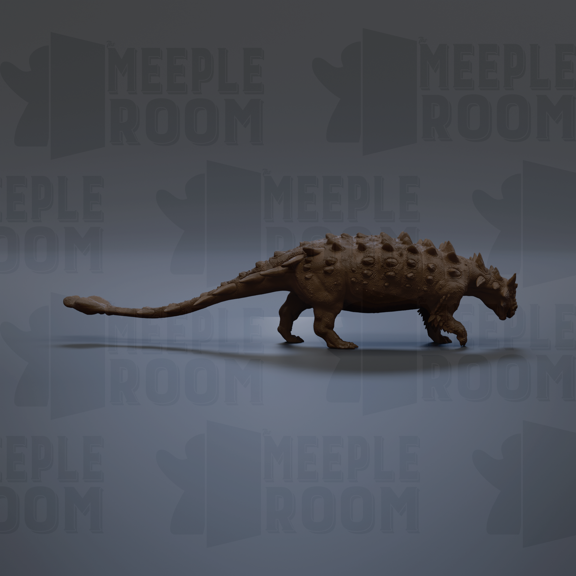 A 3D rendering of a dinosaur-like creature with a long tail and spiked body, set against a dark background with repeated text.