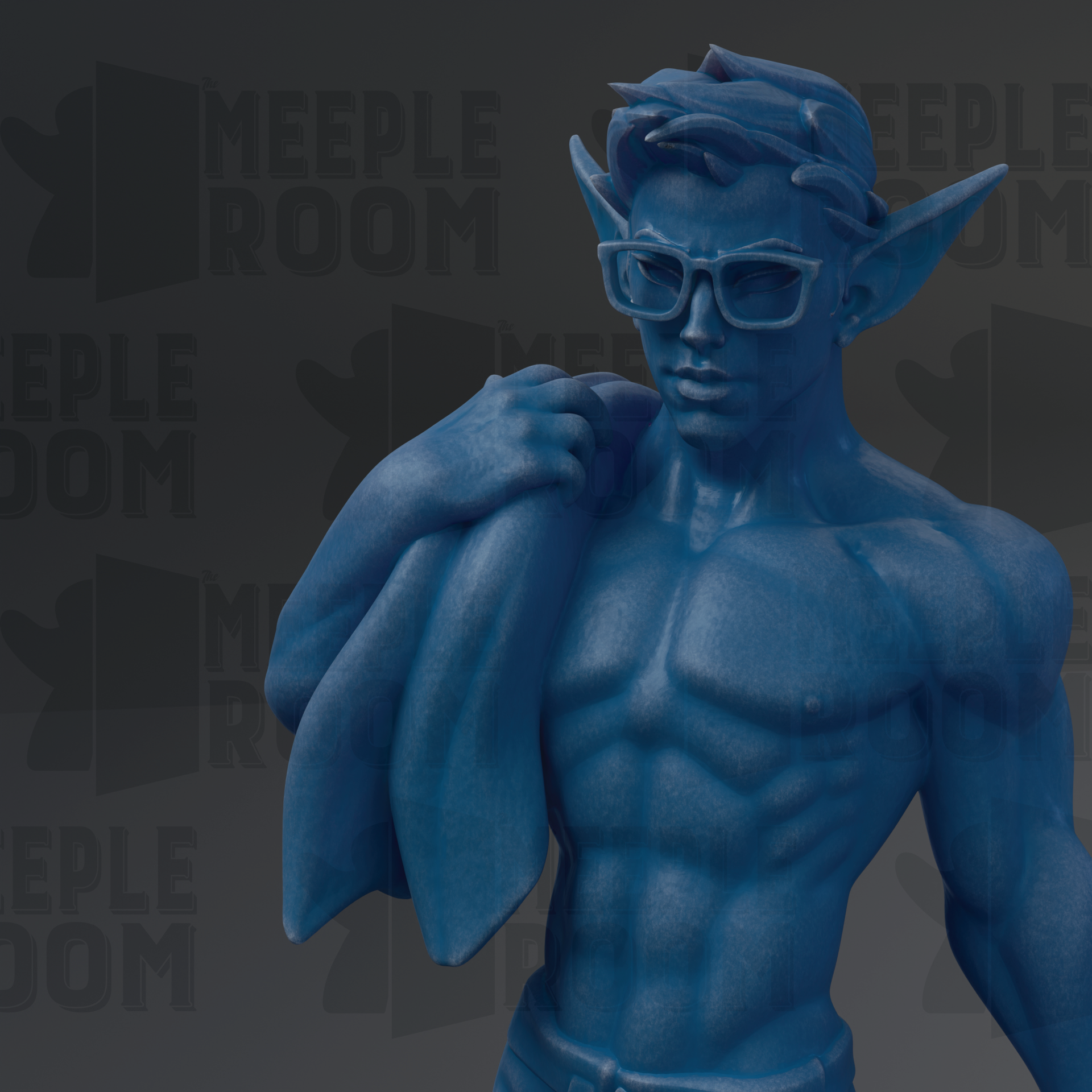 A blue, muscular male figure wearing glasses and holding a jacket stands against a dark background with the text "MEUPLE ROOM" repeated multiple times.