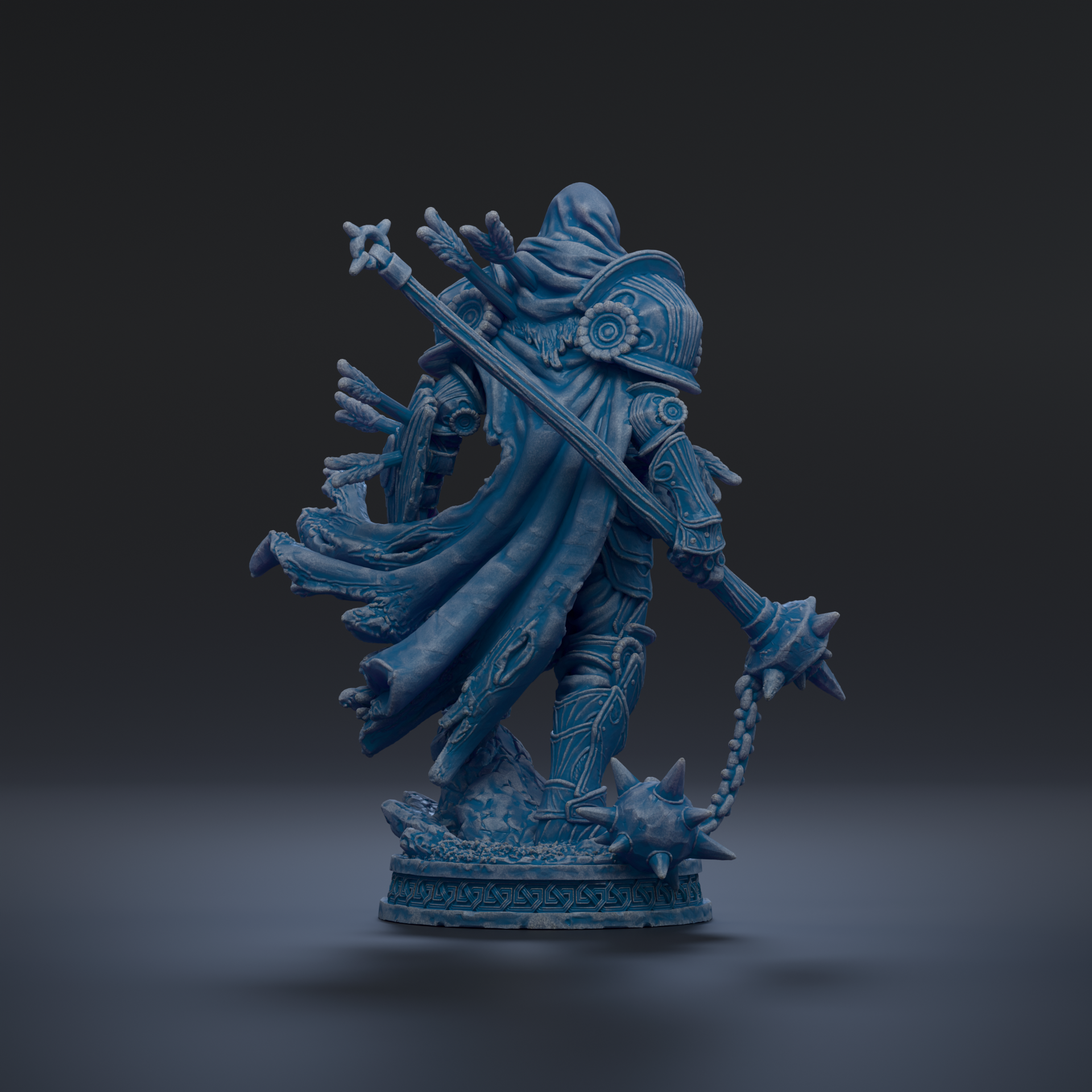 A detailed 3D rendering of a fantasy character, possibly a warrior or deity, standing on a pedestal and holding a weapon.