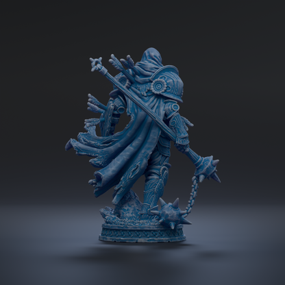 A detailed 3D rendering of a fantasy character, possibly a warrior or deity, standing on a pedestal and holding a weapon.