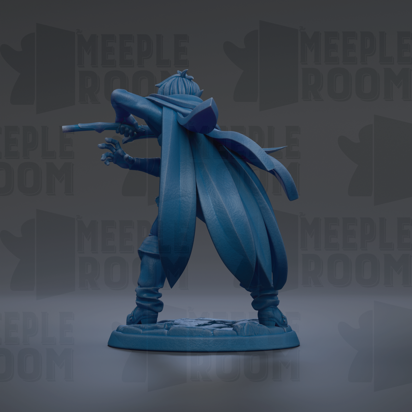A blue figurine of a person holding a weapon, standing on a platform against a dark background with repeated text.
