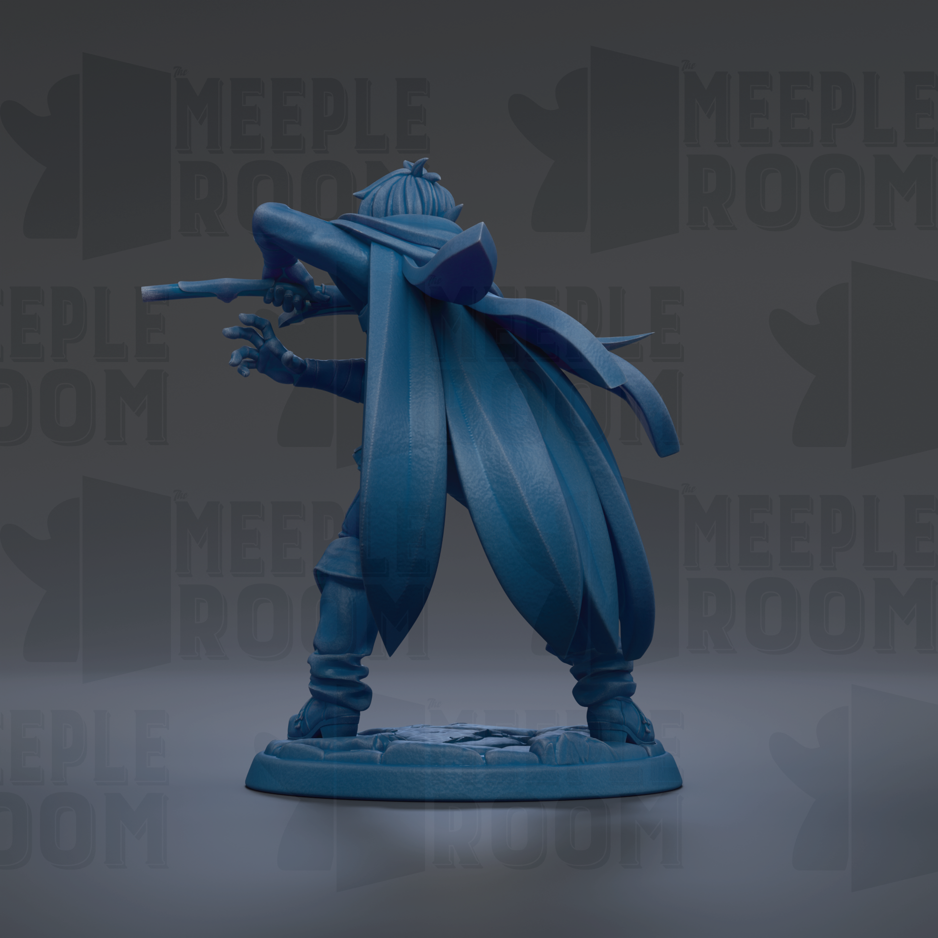 A blue figurine of a person holding a weapon, standing on a platform against a dark background with repeated text.