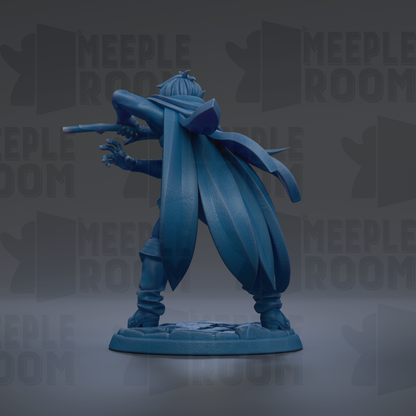 A blue figurine of a person holding a weapon, standing on a platform against a dark background with repeated text.