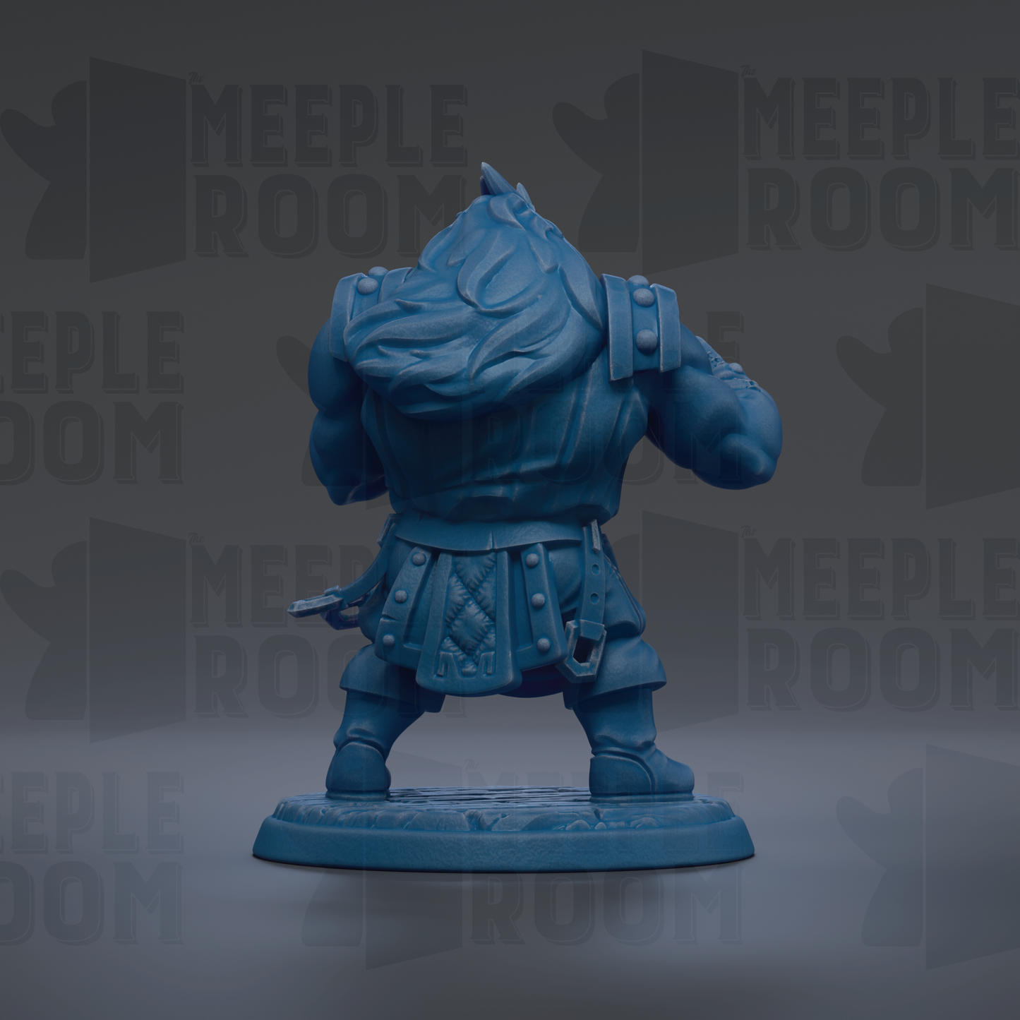 A blue figurine of a muscular, armored character with a large head and a backpack, standing on a base.