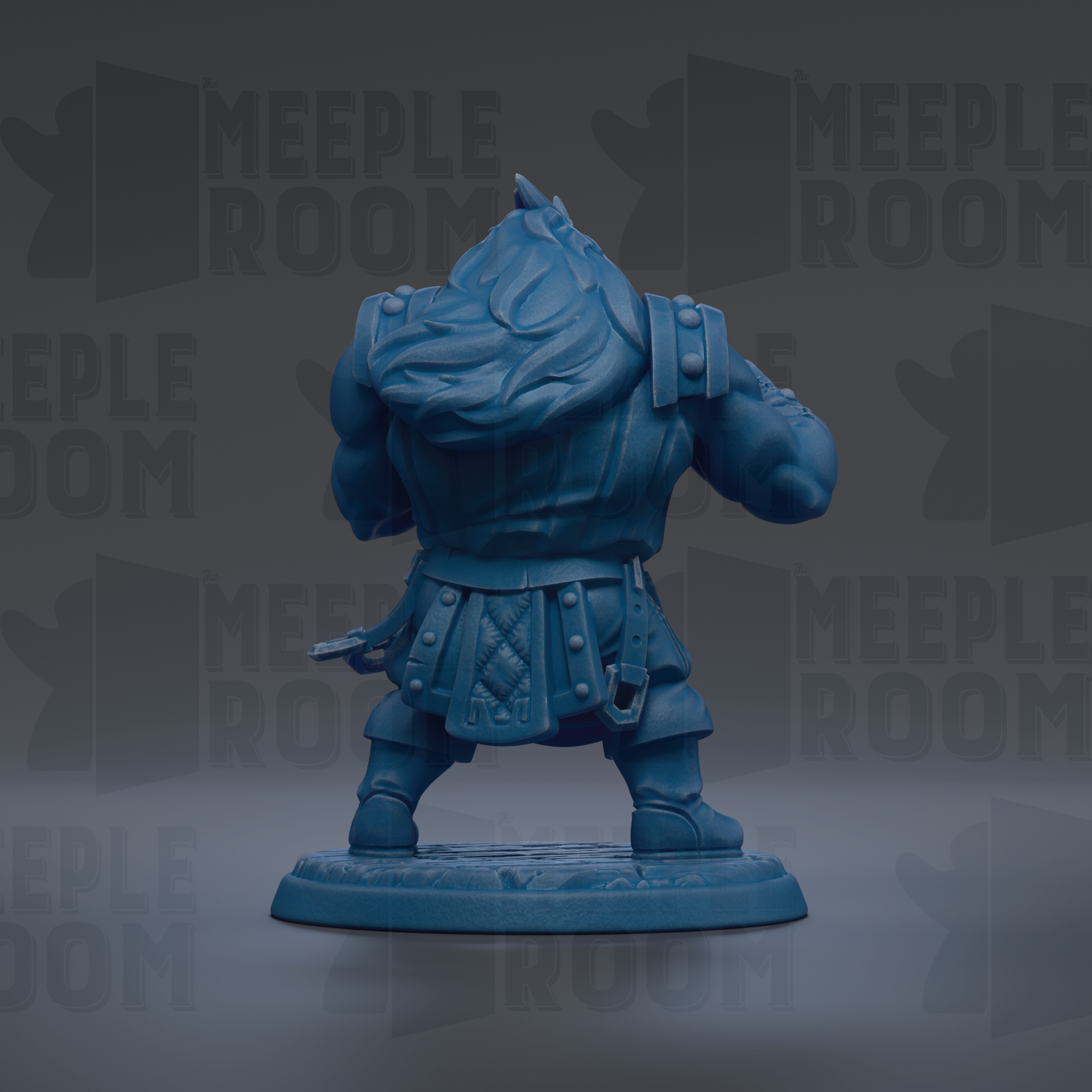 A blue figurine of a muscular, armored character with a large head and a backpack, standing on a base.
