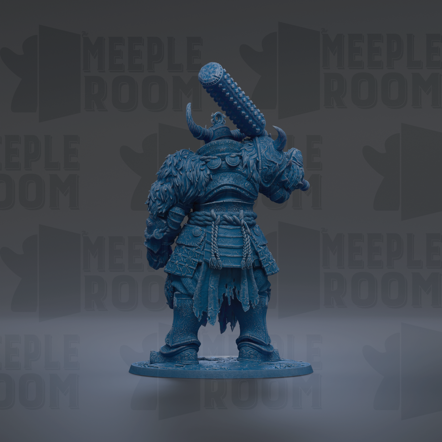 A blue figurine of a warrior standing in a fighting stance, with a large weapon on its back.