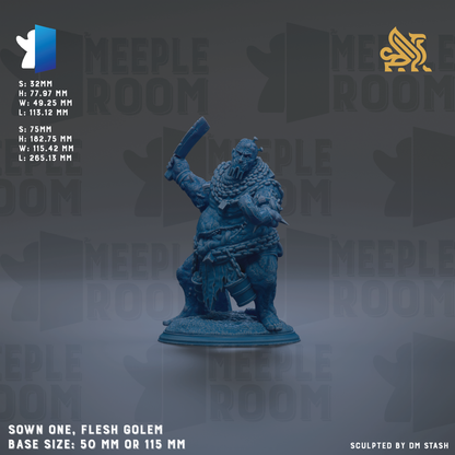 a blue, 3D-rendered figurine of a muscular, armored figure holding a sword and shield, standing on a base. The figurine is described as "Sown One, Flesh Golem" and has a base size of 50 mm or 115 mm. The image is a collage of multiple images, and the phrase "The image depicts" is not used.