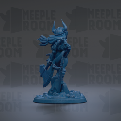 A blue figurine of a Viking warrior standing on a rock, holding a sword and shield, against a dark background with repeated text.