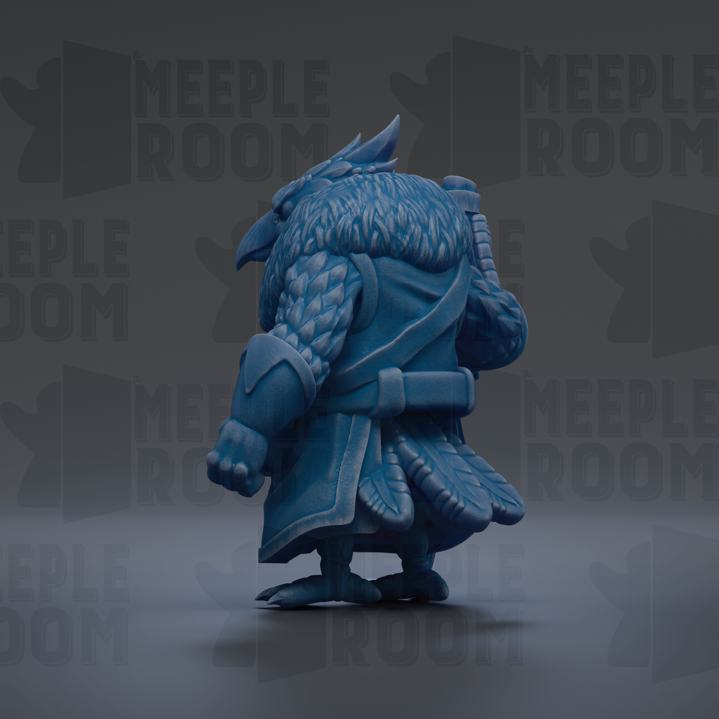 A blue, winged creature with a pointed hat and ornate armor stands in the center of the image against a dark background.