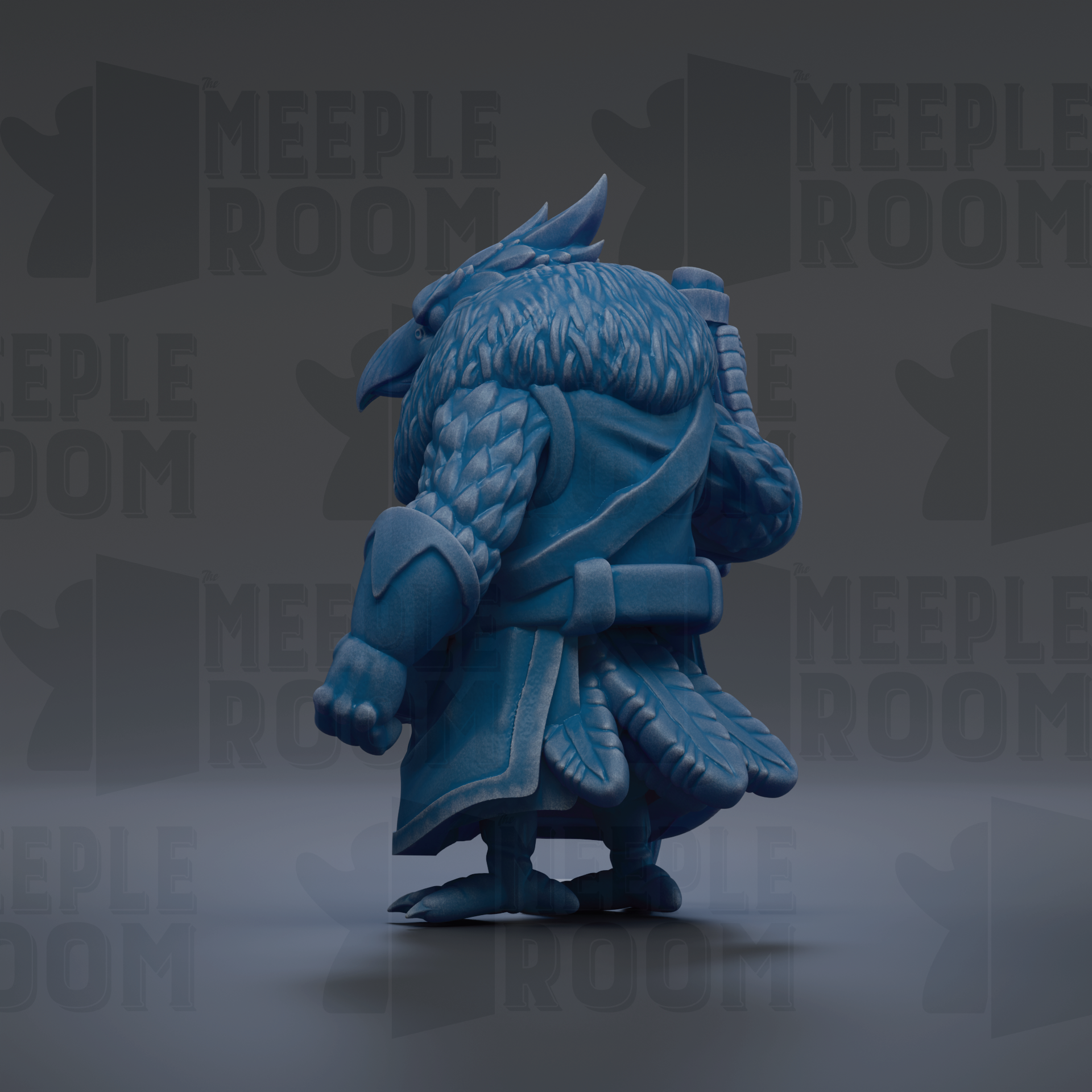 A blue, winged creature with a pointed hat and ornate armor stands in the center of the image against a dark background.