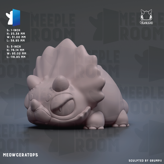The image is a 3D rendering of a meowceratorop, a type of dinosaur-like creature, with a textured background and a detailed design.