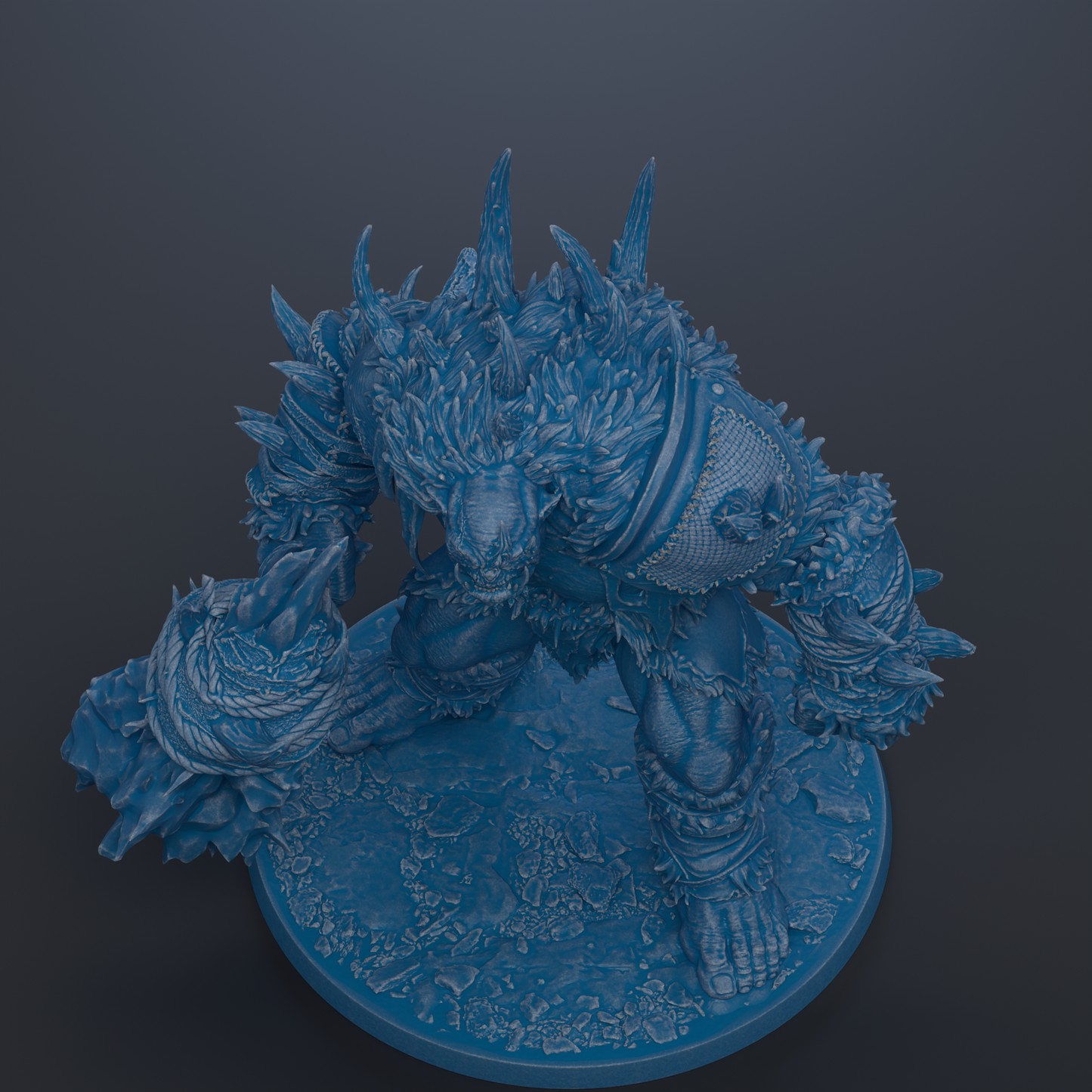 A detailed 3D rendering of a fantastical creature with sharp teeth and claws, standing on a rocky surface.