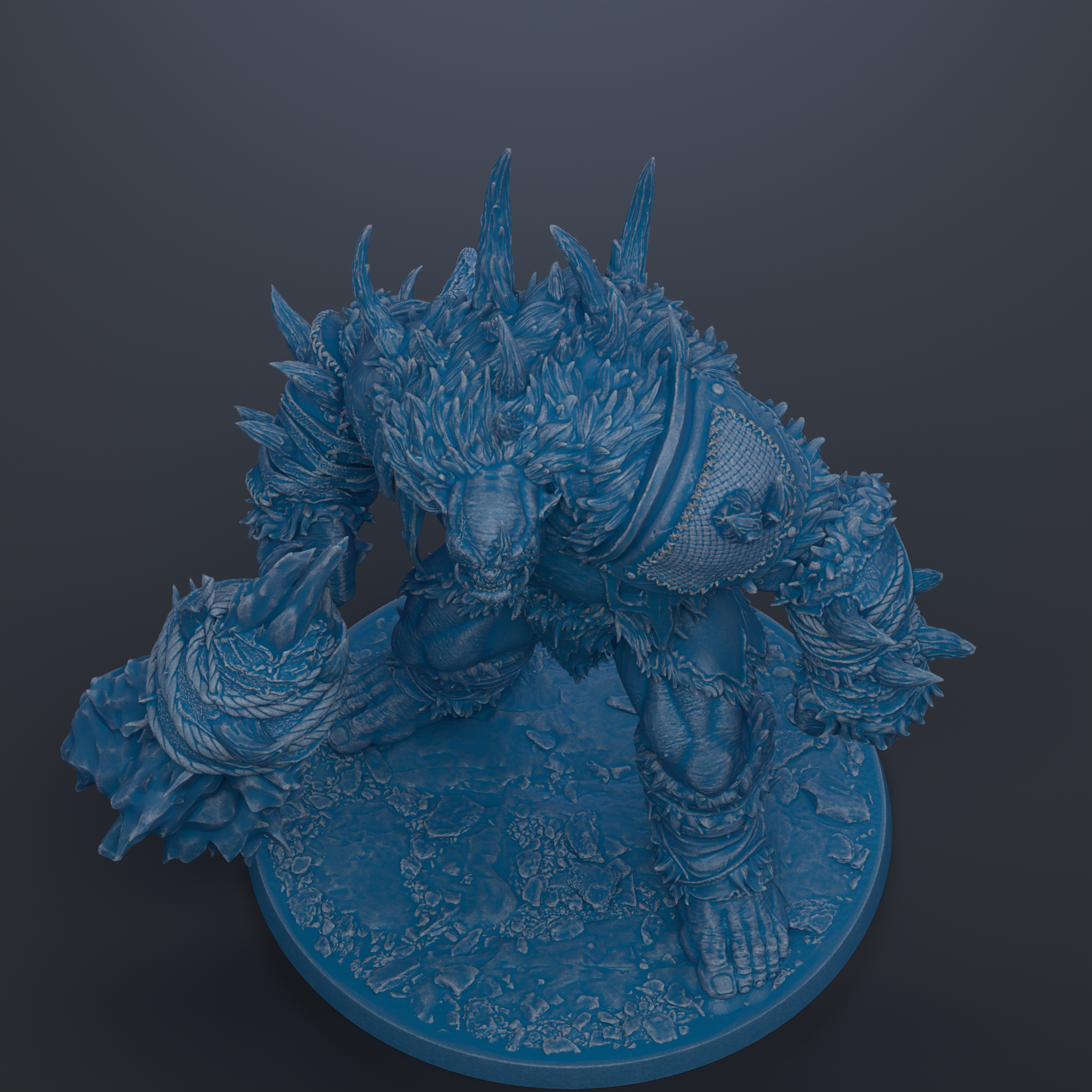 A detailed 3D rendering of a fantastical creature with sharp teeth and claws, standing on a rocky surface.