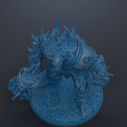A detailed 3D rendering of a fantastical creature with sharp teeth and claws, standing on a rocky surface.