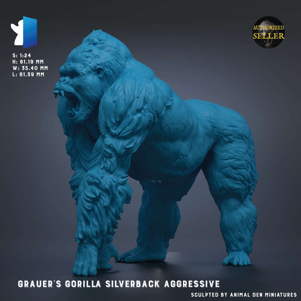 A large, blue, sculpted gorilla statue with a fierce expression, standing on all fours.