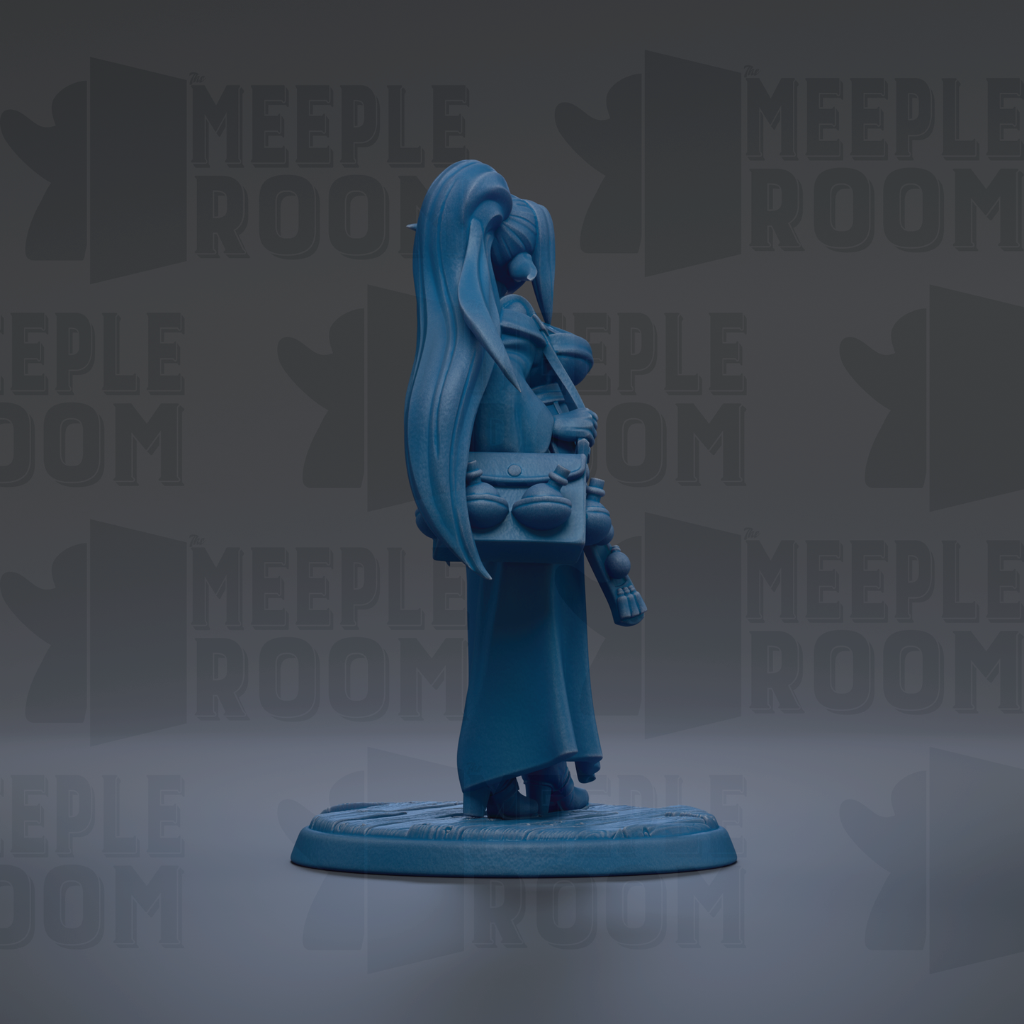 A blue figurine of a person with long hair is standing on a base, with the text "MEUPLE ROOM" repeated in the background.